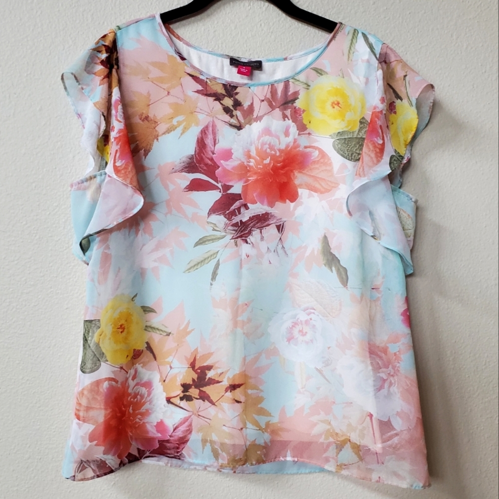 Vince Camuto Floral Crush Flutter Sleeve Blouse, Aqua Glow